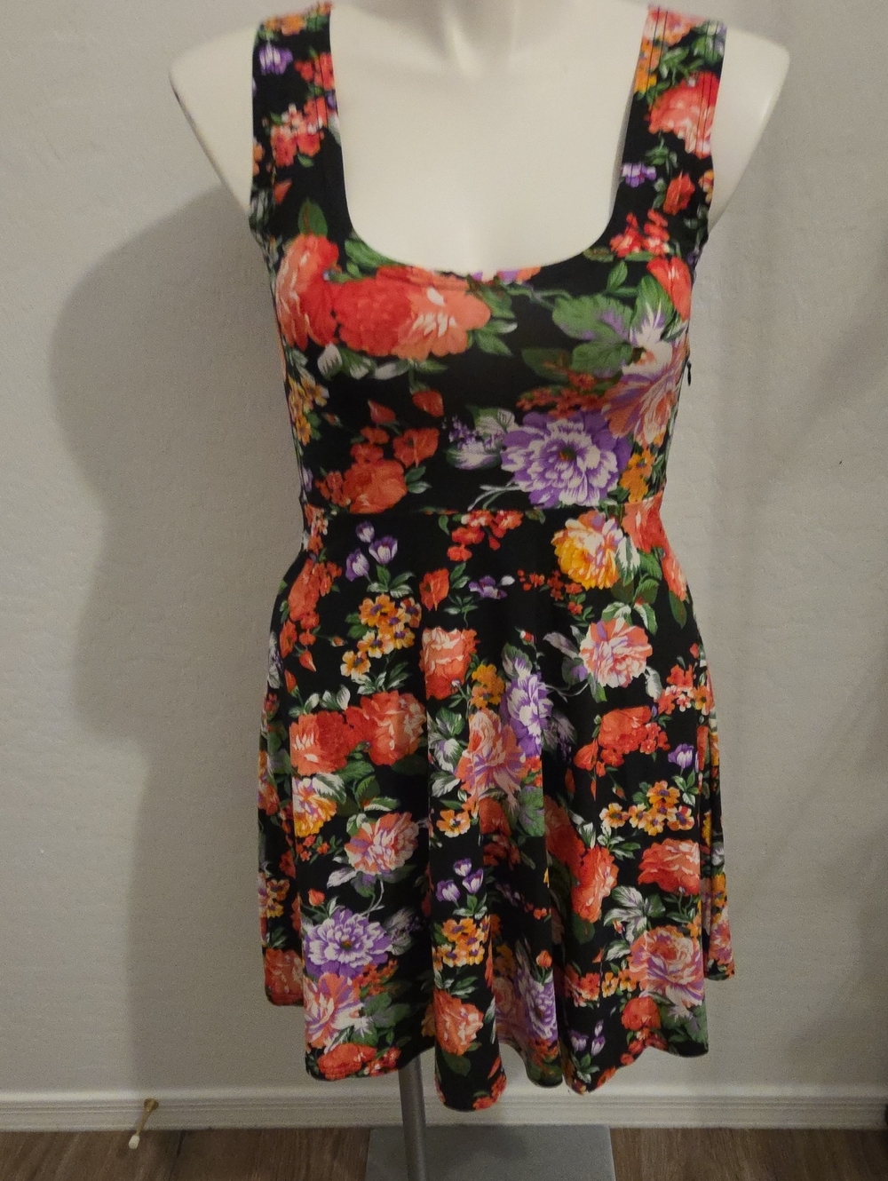 Black Floral Scoop-Neck Mini Dress with Orange & Purple Blooms